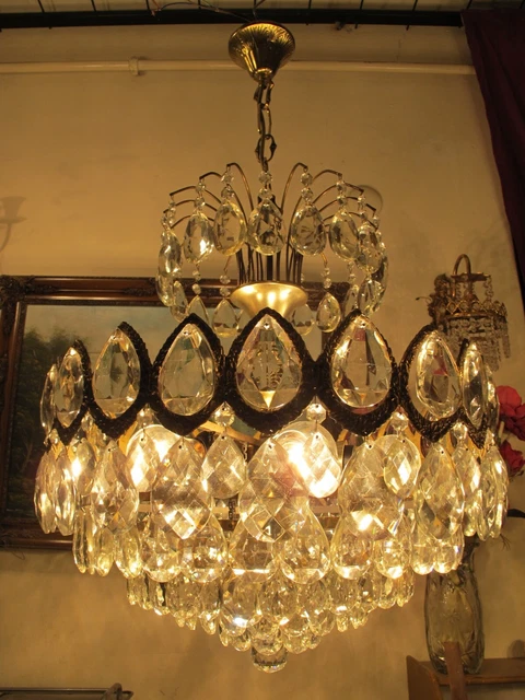 Antique Vintage GIANT French Basket Style Crystal Chandelier Lamp 1940's 20 in.