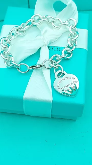 GENUINE RETURN TO Tiffany & Co Silver Blue Splash Heart Tag Bracelet 7. ...