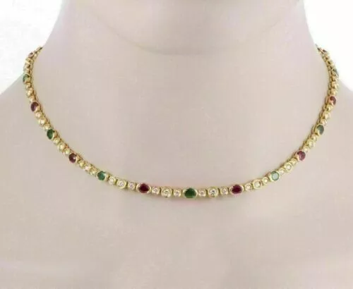 12Ct Oval Cut Lab-Created Emerald Women's Tennis Necklace 14K Yellow Gold Finish