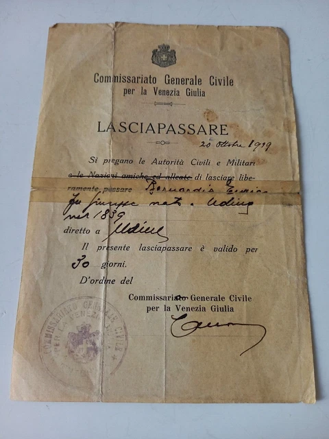 Interessante Lasciapassare Friuli Venezia Giulia 1919 Con Foto Udine