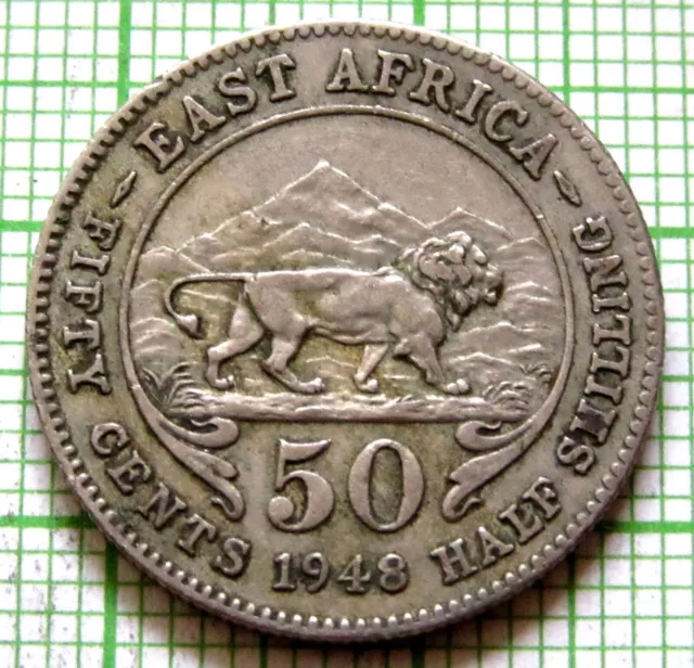 BRITISH EAST AFRICA King GEORGE VI 1948 50 CENTS, LION & MOUNTAINS