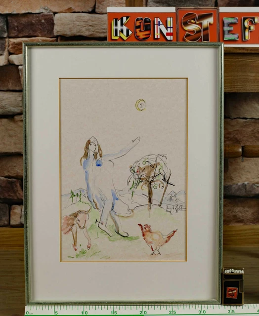 Ulrike Zilly 1952 Acuarela Pintura De 1985 Persona Animales Ingenuo