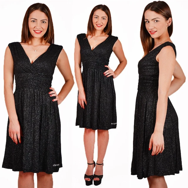 Vestito Donna Elegante da Cerimonia Sexy Tubino Nero Mini Abito ad Impero Corto 6