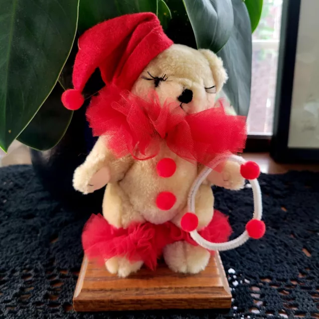 Vtg Circus Teddy Bear Red Tutu Figurine Wooden Base Christmas Estate Find Rare!