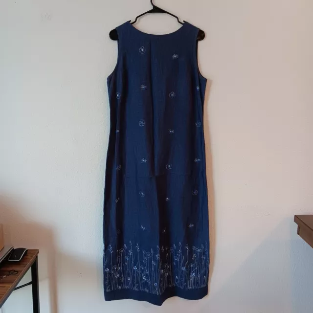 Talbots 100% Linen Dress Size 12 Maxi Blue Womens Sleeveless Floral Embroidered