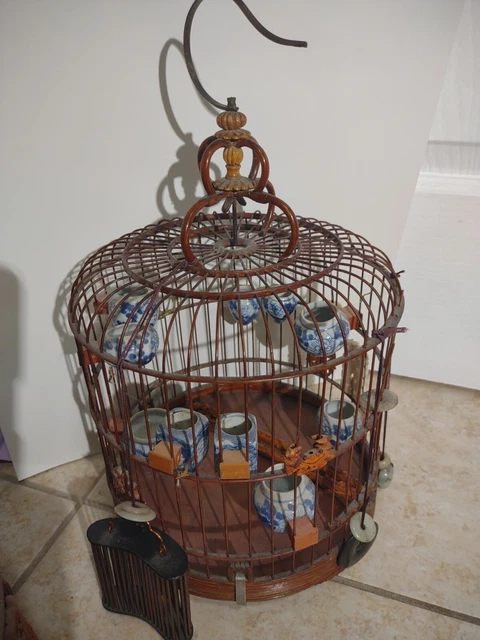 Antique Early 20th Century Chinese Bamboo Wood Bird Cage W/Porcelain Bird...