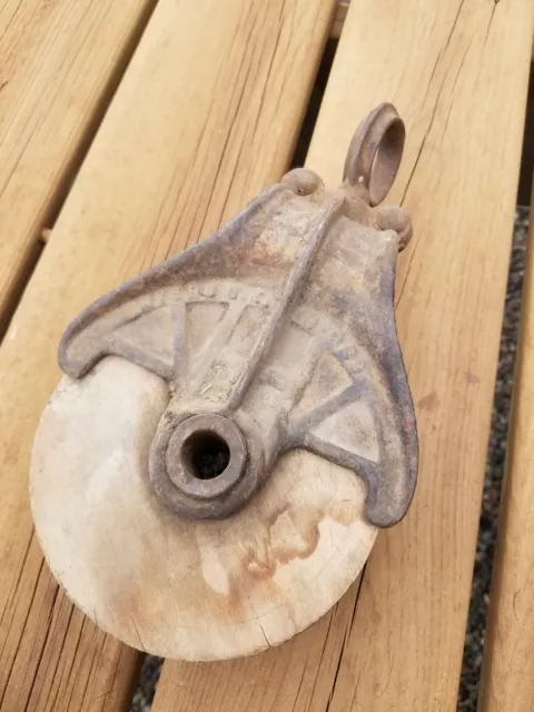 Ant.cast Iron "Myers O.k." Wooden Wheel Hay Barn Pulley Old  Farm Tool Rustic
