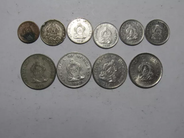 Lot of 10 Different Honduras Coins - 1957 to 1999 - Circulated