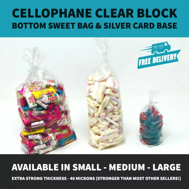 Cellophane Clear Block Bottom Cello Sweet Candy Bag & Silver Card Base - 3 Sizes