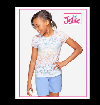 *New* Justice Girls Size 8 Rainbow Unicorn Print Top N Bermuda Shorts Outfit Set