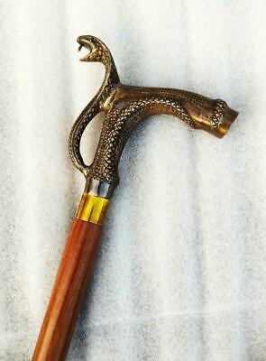 Vintage Brass old Snake Head Handle Victorian Style Wooden Walking Stick Cane