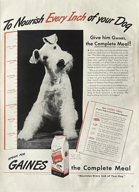 Vintage Print Ad 1944 Gaines Dog Meal Pet Food Retro Vet Home Kitchen Wall Art