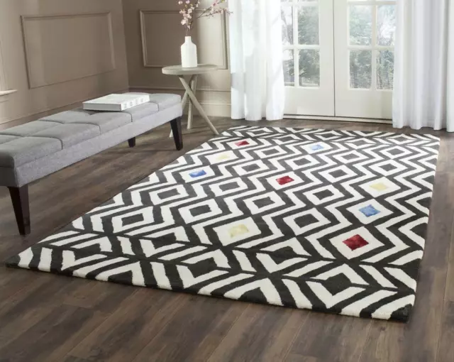 Trellis Black & White Modern Handmade Hand-Tufted 100% Wool Soft Area Rug Carpet