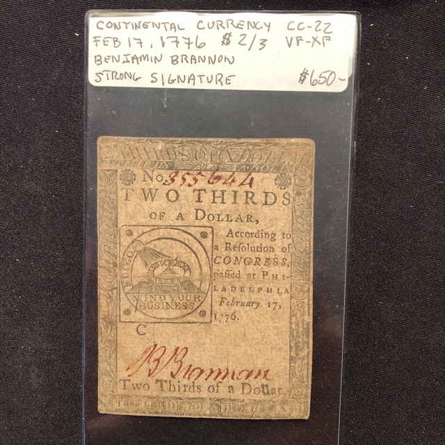 Continental Currency Fr#CC-22 Feb 17, 1776 $2/3 *Fugio Note*strong Signature
