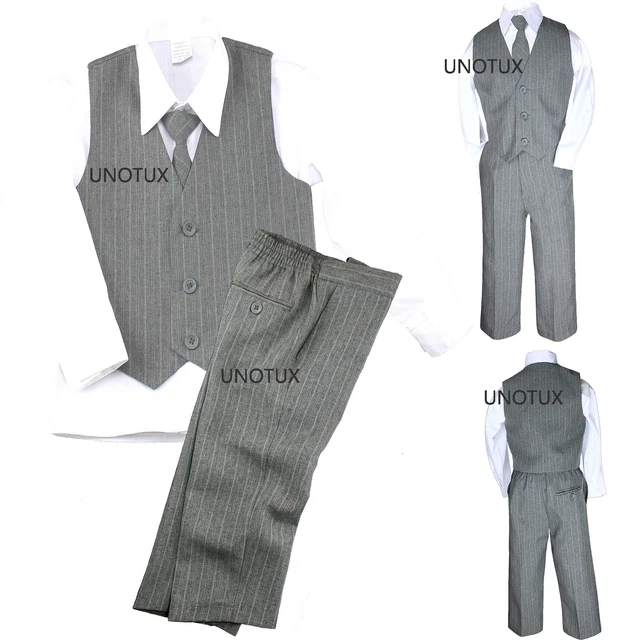 New Baby Toddler Boys Teen 4 PC Vest Set Pinstripe Formal Tuxedo Suit Gray S-20