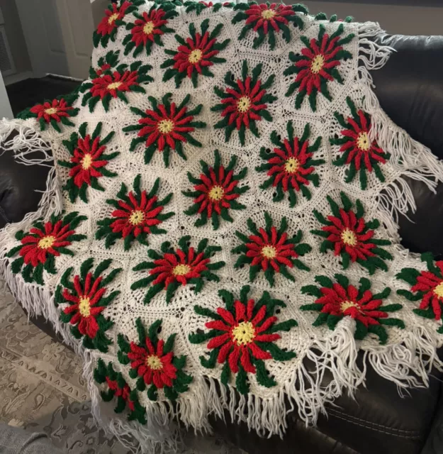 Vtg Granny square  Christmas Poinsettia Afghan Handmade /Fringe Hand Made 65x48