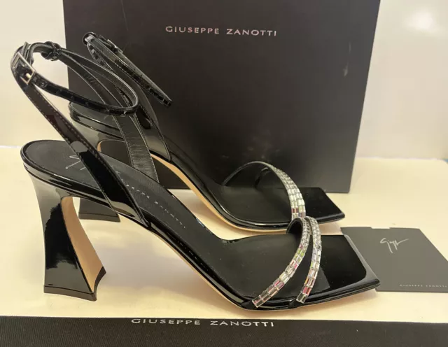 Giuseppe Zanotti Sculpted Heel Black Patent Crystal Gems Strappy Heels NEW 37