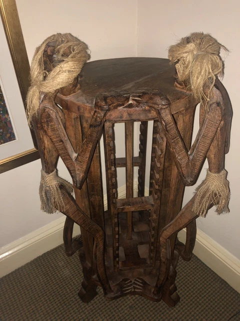 Vintage Ethnic Wooden Revolving CD Rack Novelty African Style Figures