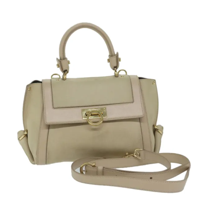 Salvatore Ferragamo Gancini Sofia Shoulder Bag Leather 2way Beige Auth 63954