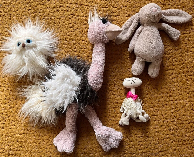 4 X JELLYCAT Teddys Olive Owl/Oral Ostrich/Beige rabbit/white velvet