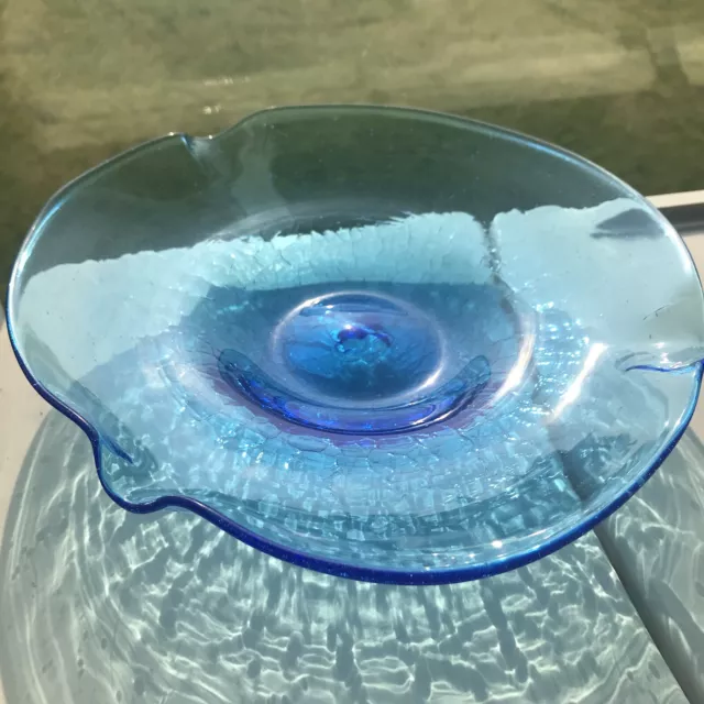 Vintage Low Bowl Blue Crackle Glass Bowl 9 1/2" Across Ashtray(?) Unusual Shape