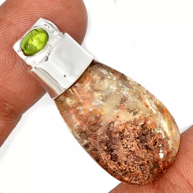 Treated Red Ghost Phantom Lodolite & Peridot 925 Silver Pendant Jewelry CP23709