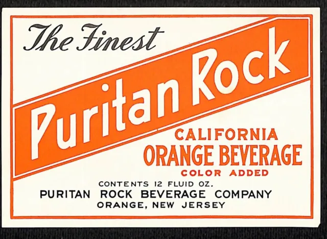 Puritan Rock Beverage Co. Orange Beverage Soda Paper Label c1940's-55 VGC