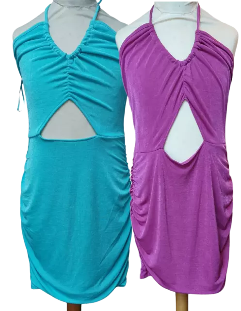 Bnwt Primark  Ladies  Blue Or Purple Ruched Halter Neck  Dress