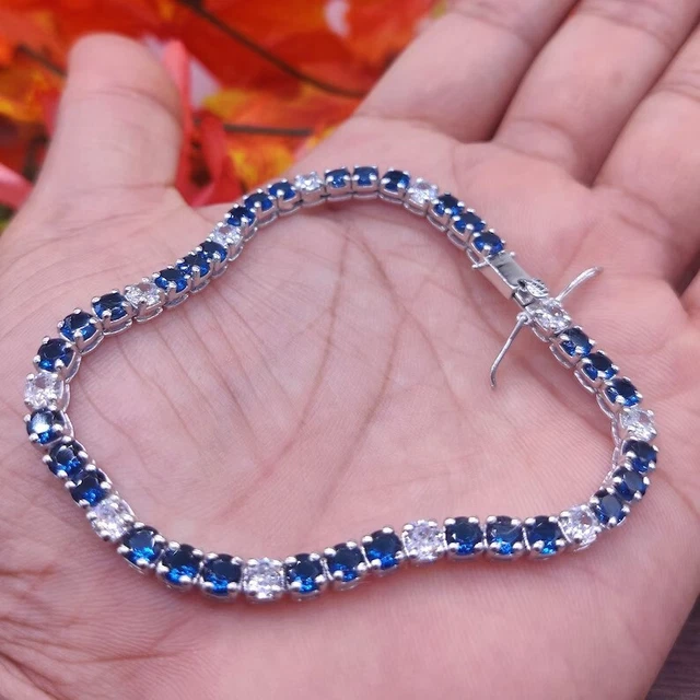6 Ct Round Cut Blue Sapphire Lab Created Tennis Bracelet 14K White Gold Plated