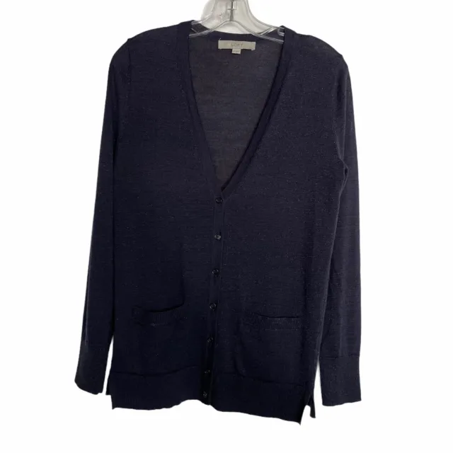 Loft Womens Cardigan Sweater Size Medium Blue Pockets V Neck Knit Button Front
