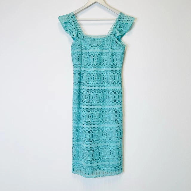 NWT ANTONIO MELANI Blue Lace Illusion Halter Flounce Hem Sheath Dress Size  10 $34.99 - PicClick