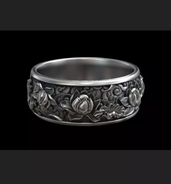 925 Sterling Silver Lotus Flower Ring Wide Band Size 8