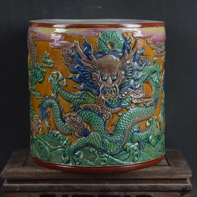 7" Collect China Porcelain Dragon Grain Hand Painting Circular Brush Pot