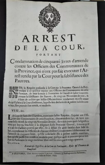 AFFICHE PLACARD 1694 Arrest de la Cour Subsistance des Pauvres Condamnation 50 L