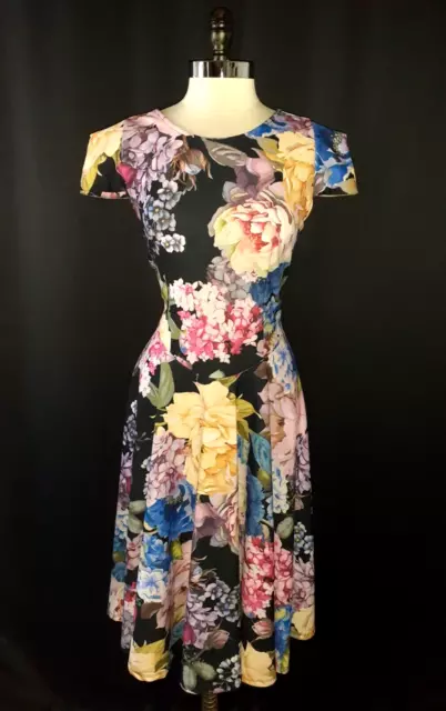 MARC BOUWER Sz XL Dress Fit and Flare Blue Purple Black Floral Hydrangea Stretch