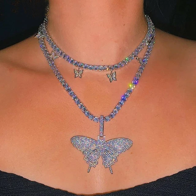 2pcs Butterfly Pendant Necklace Choker Crystal Rhinestone Chain Women Bling Gift