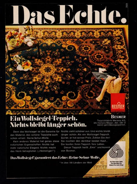 3w6898/ Alte Reklame von 1968 – Ein WOLLSIEGEL Teppich bleibt länger schön.