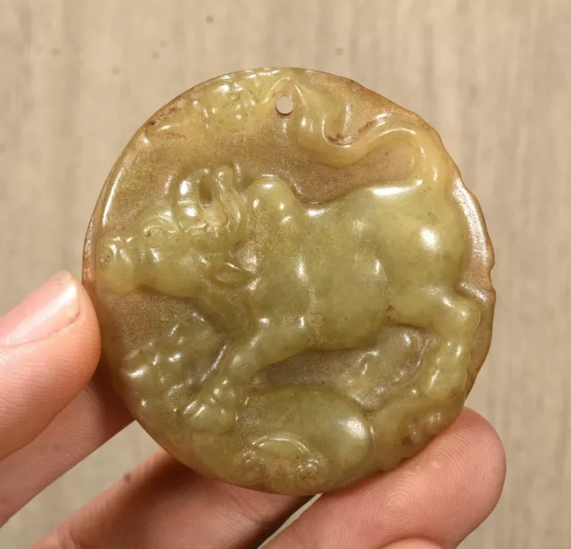 1.9'' Chinese Hongshan Culture Old Jade Cattle Ox Bull Animal Amulet Pendant