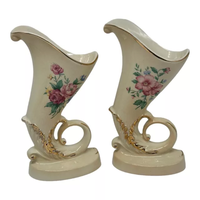 2 Vintage Royal Copley Ceramic Cornucopia Horn of Plenty Vase Planter Gold Trim