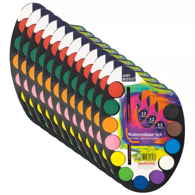 12x Art Boxd 24.5cm Watercolour Palette Painting Set 12 Colours w/ Paint Brush