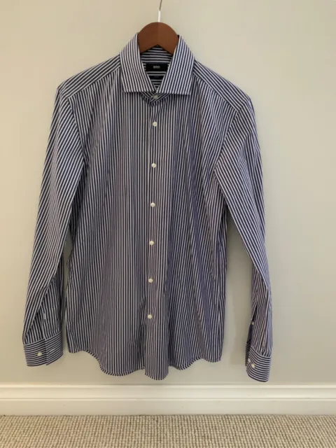 Hugo Boss Mens Shirt Slim Fit size 40 (15 3/4) Blue and white stripe