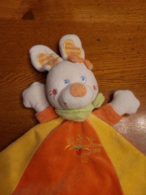 Doudou peluche MOTS D 'ENFANTS LAPIN ORANGE  JAUNE oiseau ÉTAT NEUF JAMAIS SERVI 2