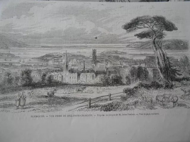 Gravure 1862 - Plymouth vue prise de Hill park crescent