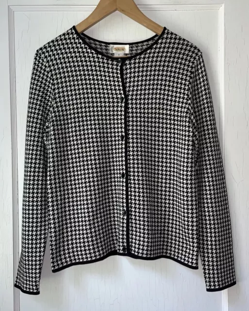 Talbots Sweater Cardigan Size 8 Houndstooth 100% Silk Black Ivory