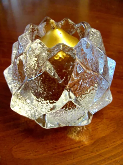 Orrefors Sweden Crystal Artichoke Shaped Votive Heavy Art Glass Holder W/Candle