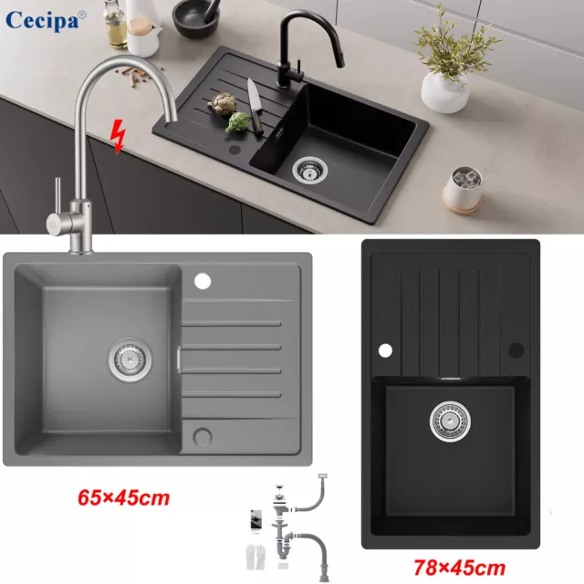 CECIPA® Granitspüle Küchenspüle Granit mit Siphon Einbauspüle Spülbecken