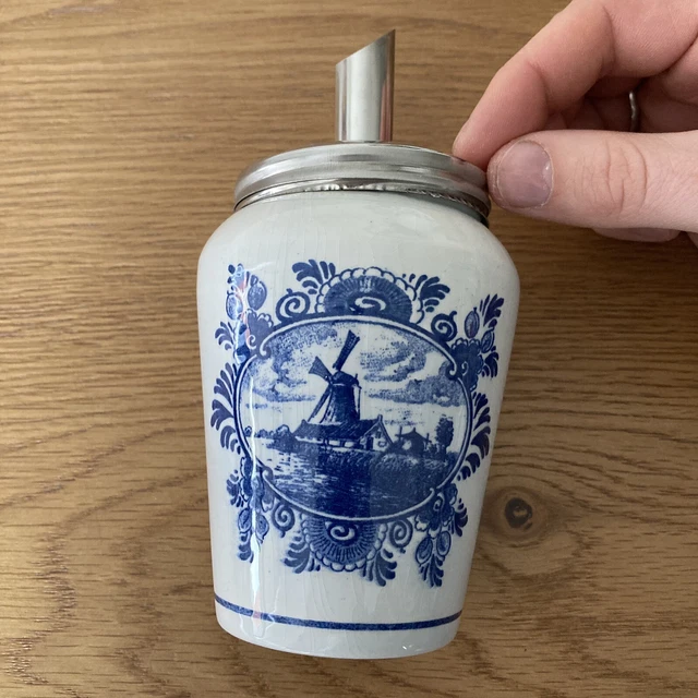 Traditional Dutch Delft Blue Sugar Dispenser Holder hp Holland Windmill Boat Old