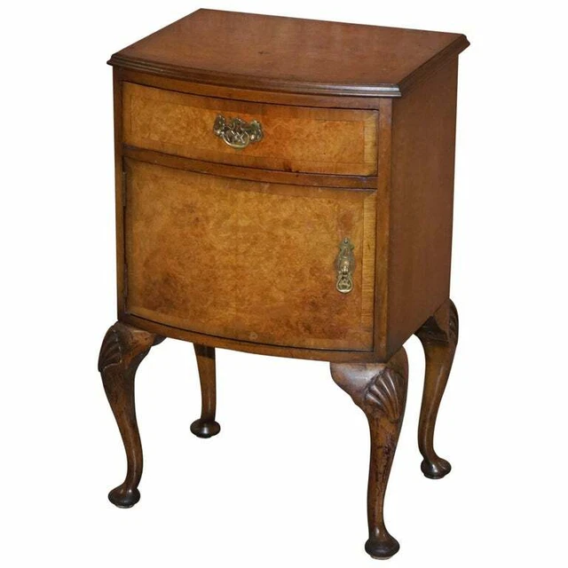 Burr Walnut Queen Anne Bedside Table Cabinet Elegant Carved Cabriolet Legs