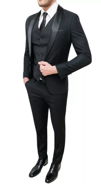 Abito Uomo Sartoriale Nero Elegante Set Completo Coordinato Con Gilet E Cravatta