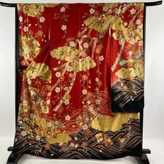 Woman Japanese Kimono Furisode Silk Fan Cherry Blossom Gold Red